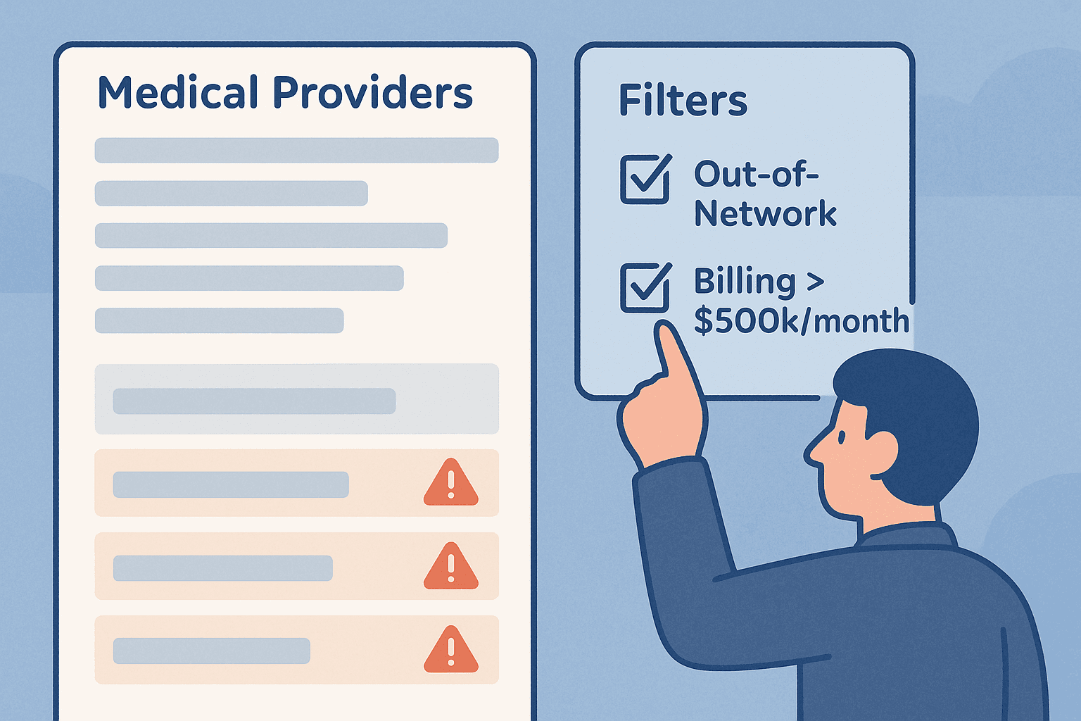 An animated-style depiction of a user interface where an analyst is applying filters. On the left is a long list of medical providers. The analyst clicks a filter for 'Out-of-Network' and 'Billing > $500k/month,' and the list instantly shrinks to just three highlighted providers, marked with red warning icons.