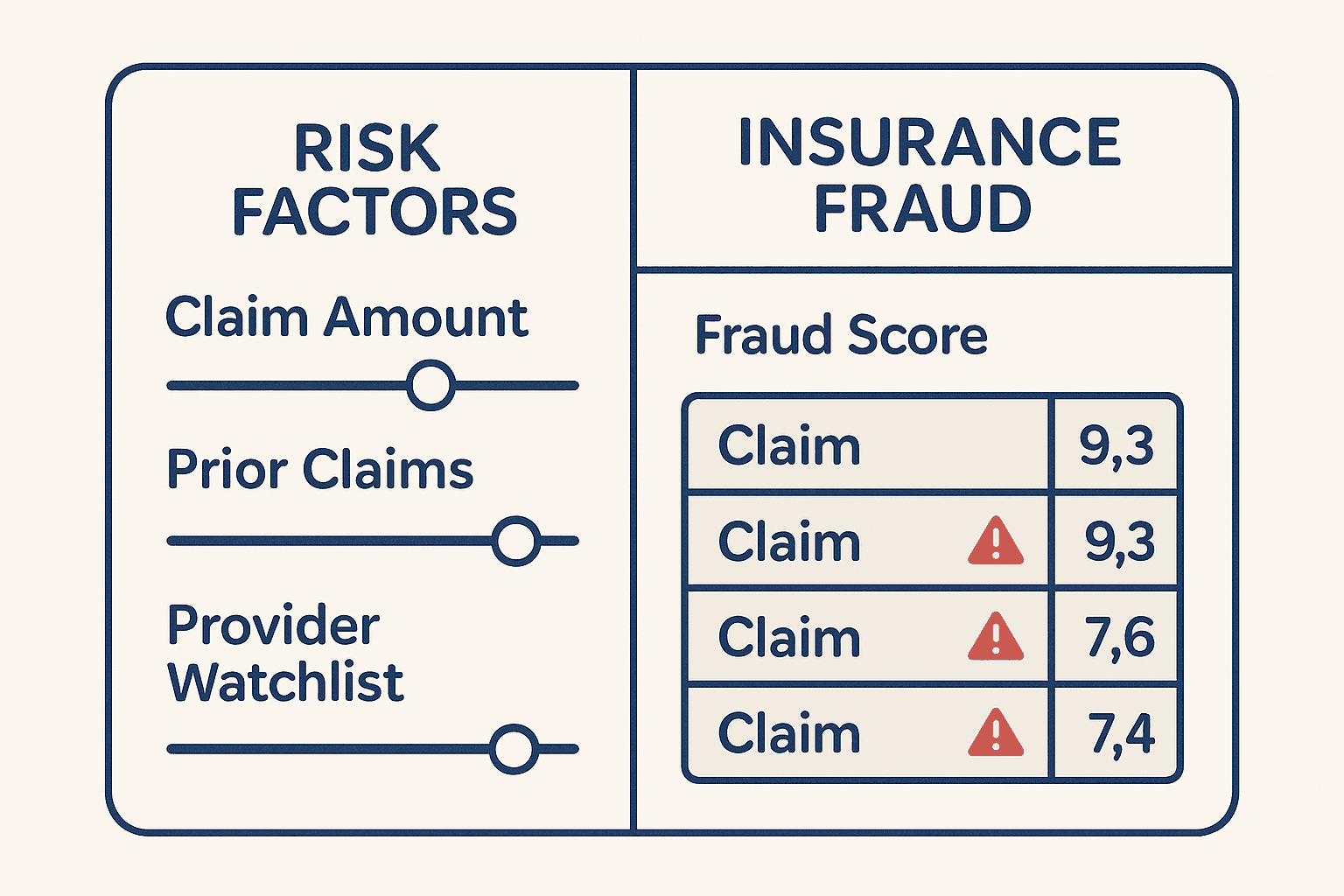 A screenshot of the DataWalk interface showing a dashboard for insurance fraud. On the left are sliders and inputs for adjusting the weights of various risk factors like 'Claim Amount', 'Prior Claims', and 'Provider Watchlist'. On the right, a list of claims is dynamically re-sorted by a 'Fraud Score' in real-time.