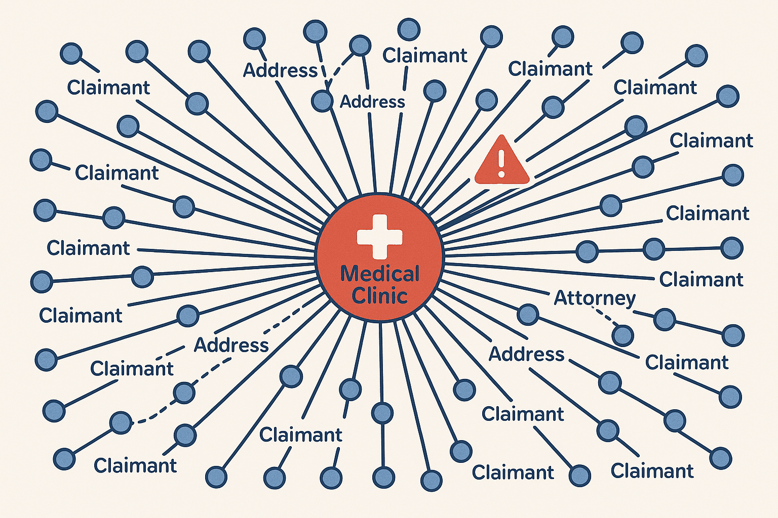 A complex link analysis graph visualization showing a central, fraudulent medical clinic node. Lines radiate out to dozens of individual 'Claimant' nodes, who are also interconnected through shared addresses and legal representatives, clearly illustrating a large-scale fraud ring.