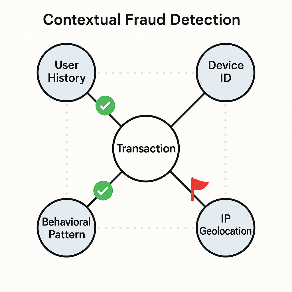 Conceptual diagram illustrating contextual fraud detection. A central transaction node is connected to surrounding nodes labeled 'User History,' 'Device ID,' 'IP Geolocation,' and 'Behavioral Pattern,' with green checkmarks indicating consistency and a red flag on an anomalous connection.