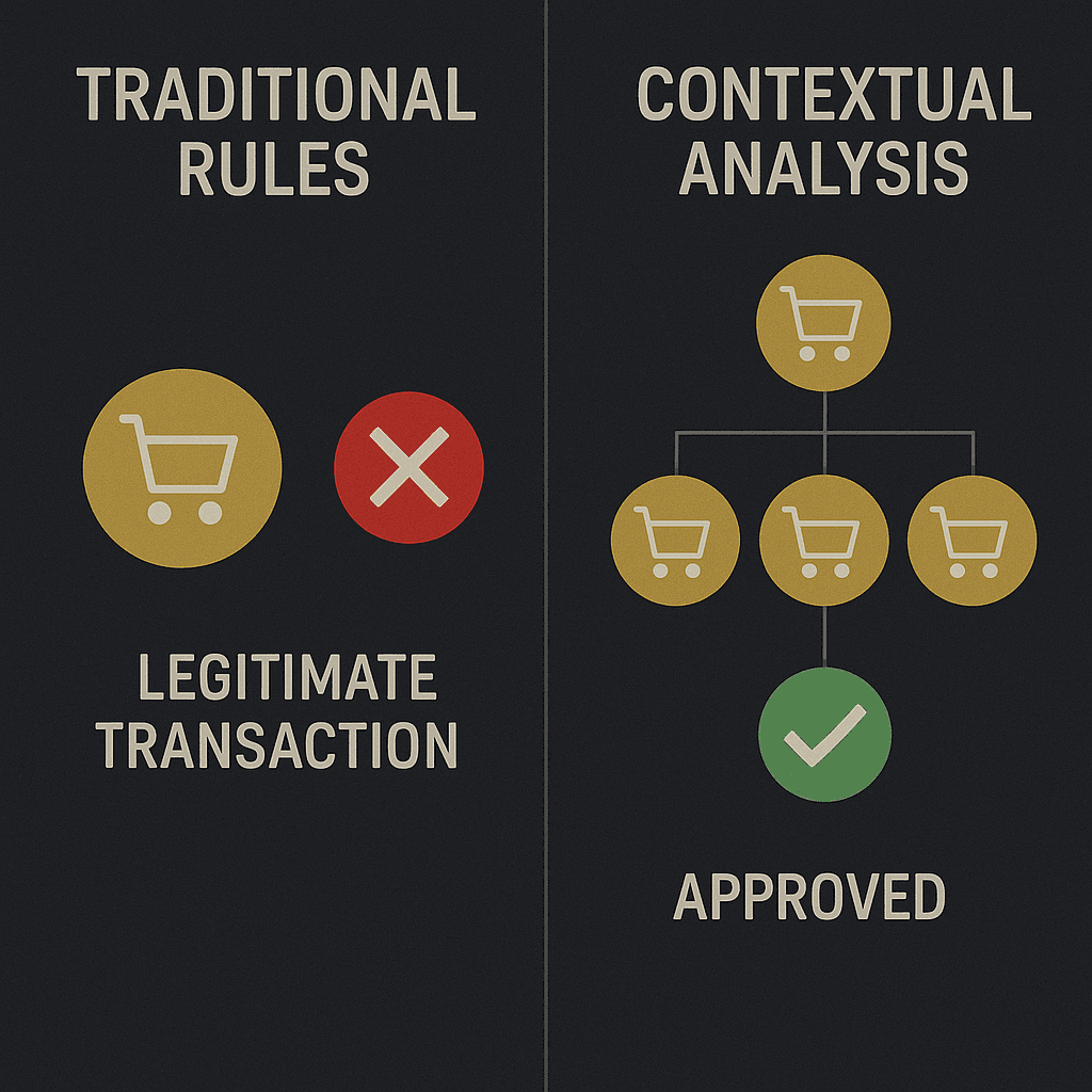 A split-screen comparison. The left side, labeled 'Traditional Rules,' shows a single legitimate transaction incorrectly flagged with a red 'X'. The right side, labeled 'Contextual Analysis,' shows the same transaction connected to a history of normal behavior, resulting in a green checkmark for 'Approved'.