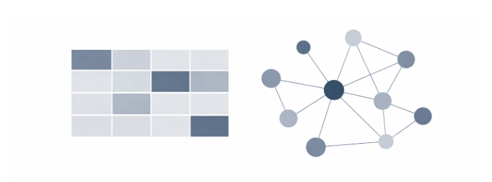 Abstract diagram contrasting a grid data structure with an interconnected node network on a white background