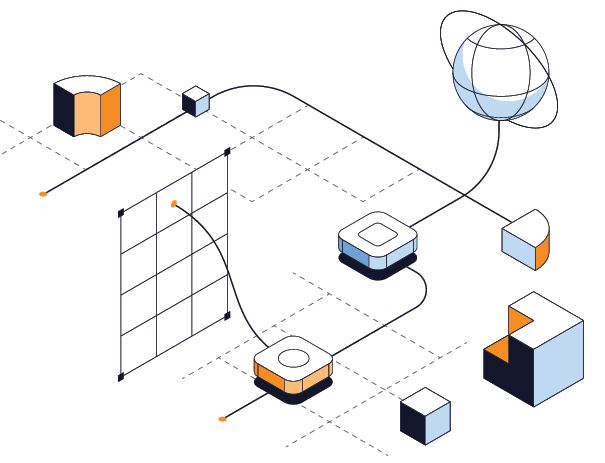 Isometric diagram of separate data sources linked into one connected network